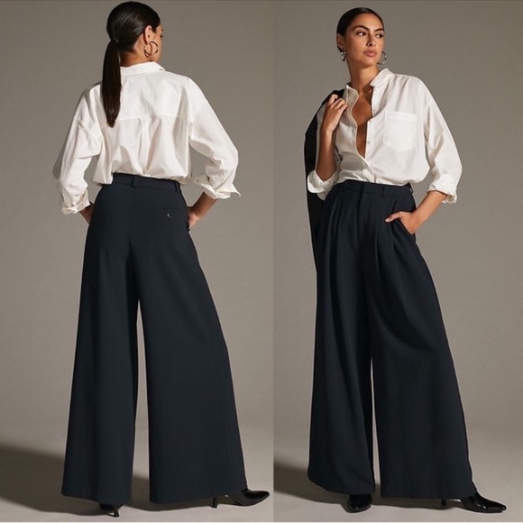 ANTHROPOLOGIE Pleated Wide Leg High Rise Trousers Pants Navy Size 4 NWT - Picture 8 of 8